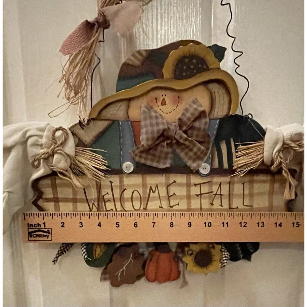 Vtg Hand Painted Wood Door Sign Scarecrow Welcome Fall Halloween Autumn Decor
